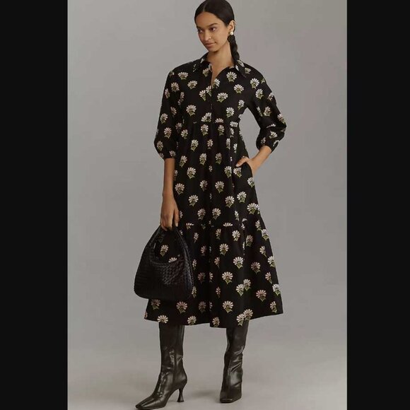 New M Maeve x Anthropologie The Bettina tiered shirt dress in Black Floral